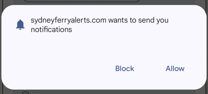 Chrome on Android asking whether sydneyferryalerts.com can send you notifications, with Block and Allow buttons.