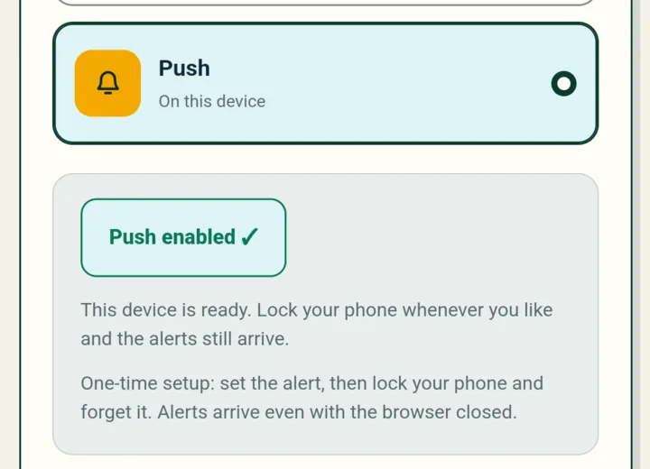The Delivery step showing Push enabled with a green tick and the message This device is ready.
