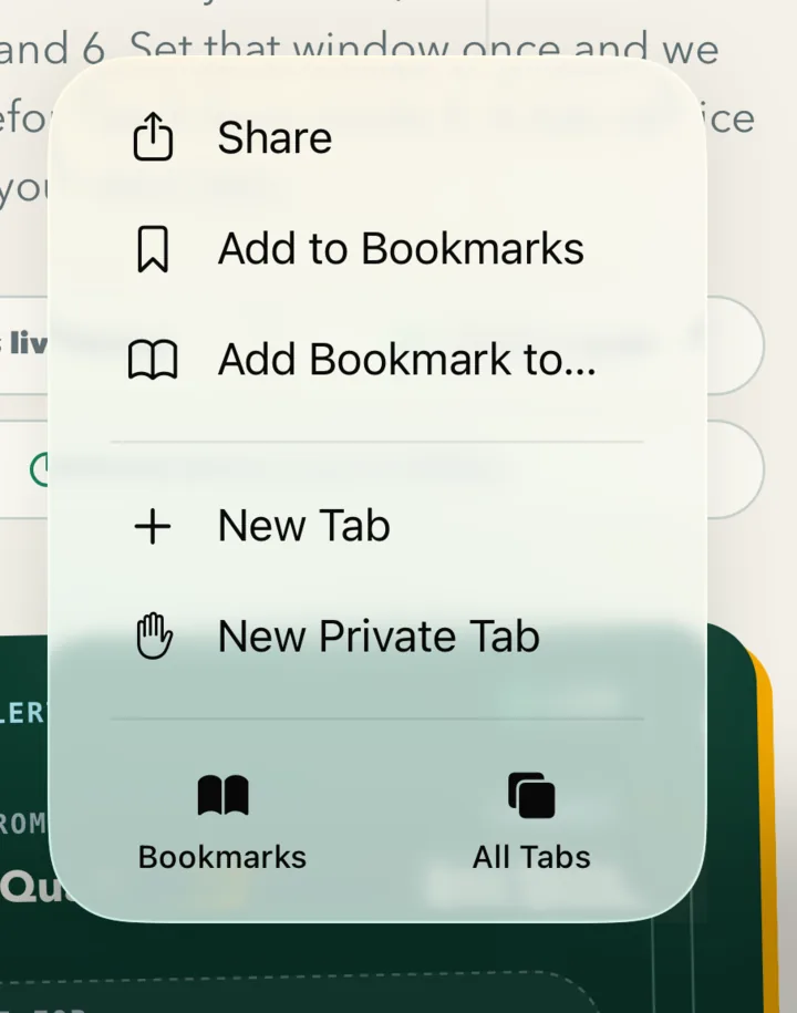 Safari on iOS 26 with the three dots menu open, showing Share at the top of the list.