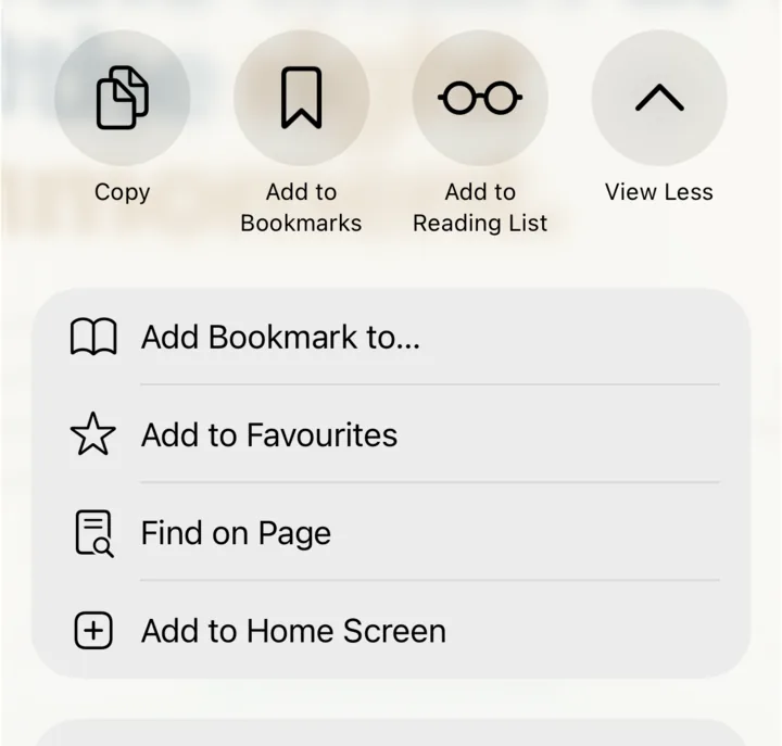The expanded Safari share sheet with Add to Home Screen visible in the list below Find on Page.