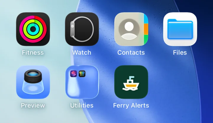 An iPhone Home Screen with the Ferry Alerts icon added alongside the built-in apps.